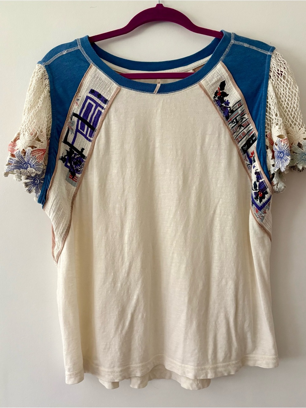Free People crochet Lace Sleeve patchwork Cotton Tee L